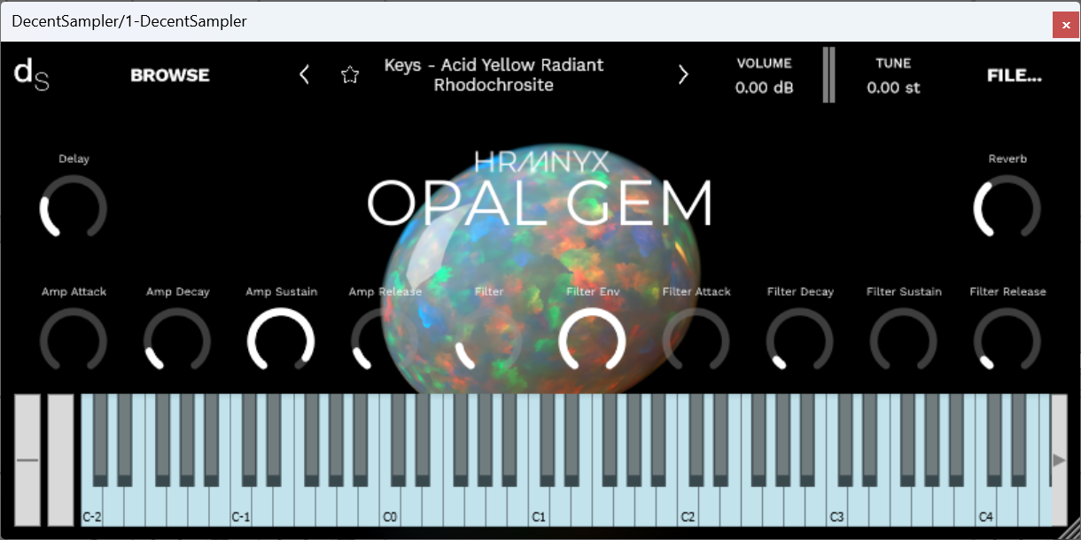 A screenshot of the Opal Gem Sample Library instrument interface in Decent Sampler.